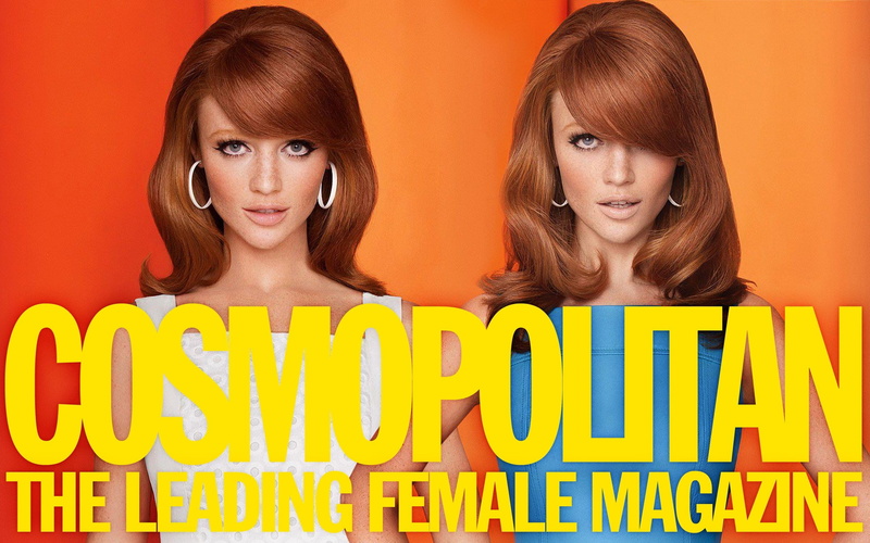 women, hair in face, advertisements, feminism, redhead, Cintia Dicker, 2K, collage, hoop earrings
