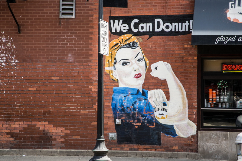 day, west side, architecture, paint, mural, text, donut, painted, brick wall, can, glazed, strong, communication, we can, bakery, no people, wall - building feature
