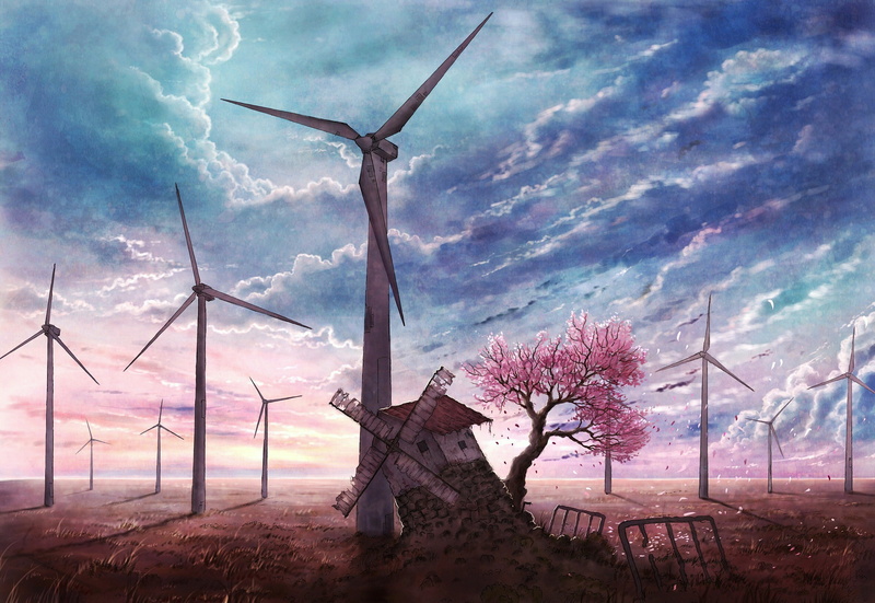 1080P, tree, grass, windmill, landscape, scenic, cherry, blossoms, original, ruins, cola, gotouryouta, clouds, petals, sky