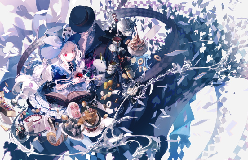 Alice In Wonderland, Original (Anime), Sweets, 4K, Card, Tea, Red Eyes, White Hair, Book, Girl, Unicorn, Hourglass, Hat, Cake, Anime, Cat, Cookie, Tea