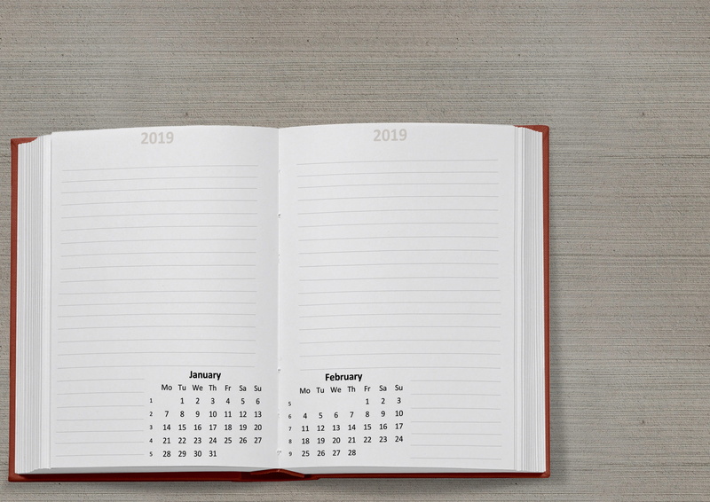 table, blank, communication, high angle view, notebook, open, dates, directly above, 2019, january, information, 2K, office, indoors, plan, symbolism