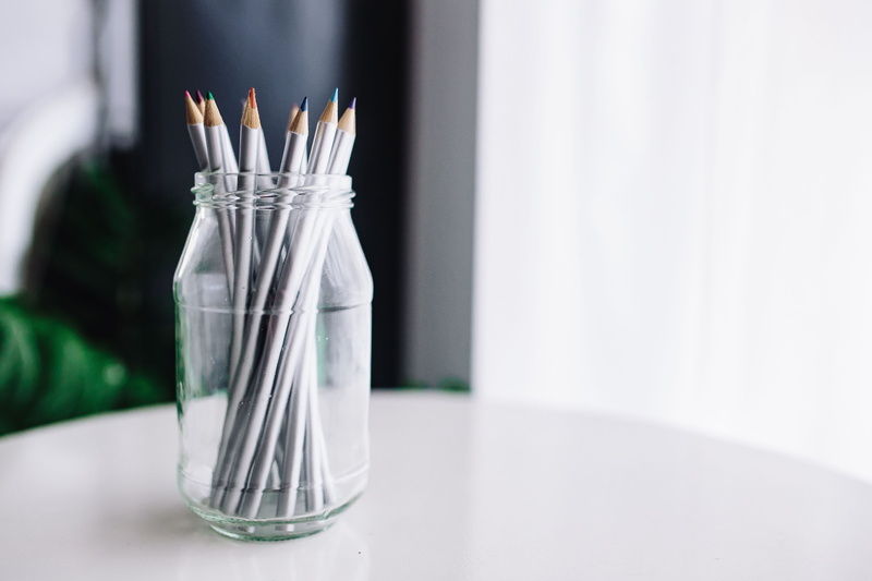 Black-and-white, items, drinking glass, studio shot, colorful, group of objects, science, white color, pencils, healthcare and medicine, focus on foreground
