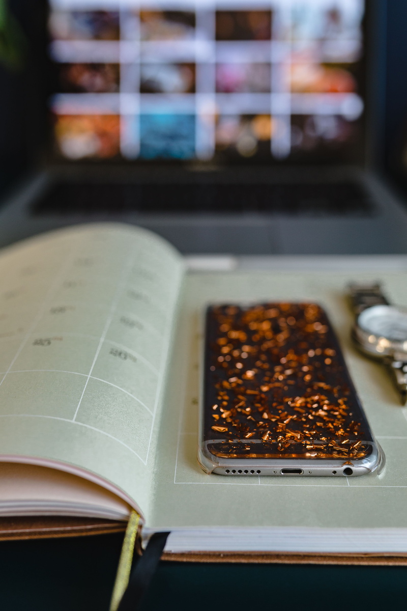 notebook, high angle view, book, freshness, working, 5K, paper, macbook, focus on foreground, indoors, mobile, watch, desk, amp, communication, close-up