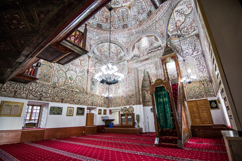 place of worship, stained glass, colorful, albania, islam, balkans, frescoes, mural, indoors, building, ornate, luxury, ethem bey mosque, architecture
