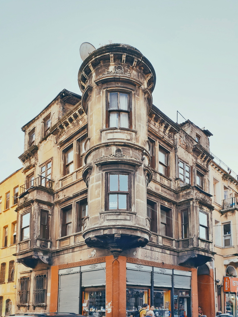 corner, city life, old, residential district, balcony, day, building exterior, building, fatih, istanbul, street, no people, low angle view, 4K, turkey