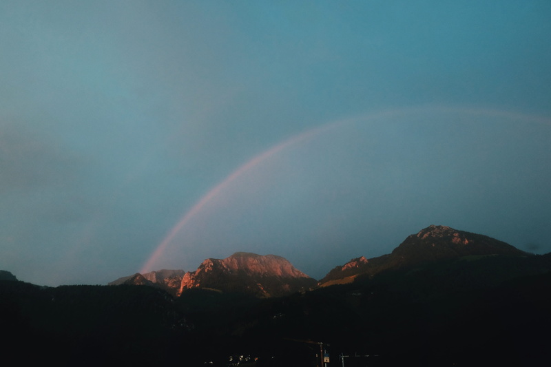 mountain range, rainbow, sunset, ramsau bei berchtesgaden, non-urban scene, hike, bavaria, camper, sky, blue hour, camping, 4K, night, beauty in nature