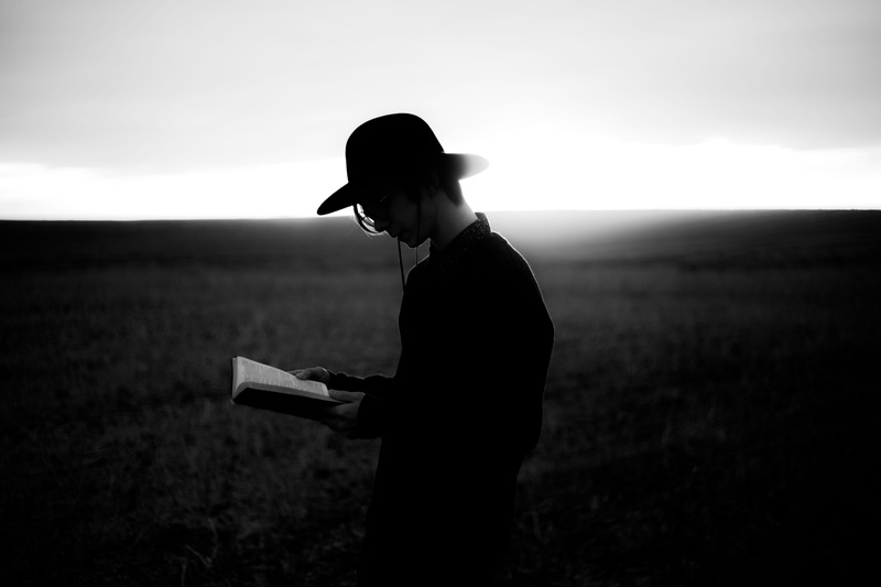 black And White, silhouette, top hat, outdoors, standing, nature, land, three quarter length, field, grass, daytime, sky, male, holding, grayscale, side view