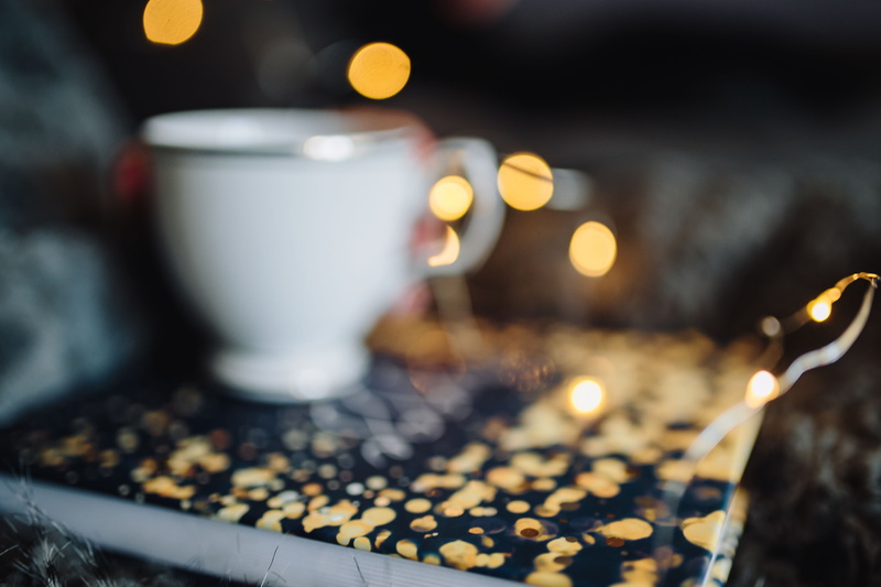 pattern, home, mug, drink, illuminated, drinking, table, fairy lights, coffee, focus on foreground, 5K, breakfast, day, crockery, woman, dark, book, defocused