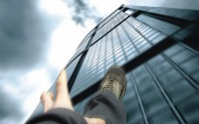 connection, unpaired, outdoors, office building exterior, 720P, selective focus, falling, human limb, human leg, nature, cloud - sky, one person, body part