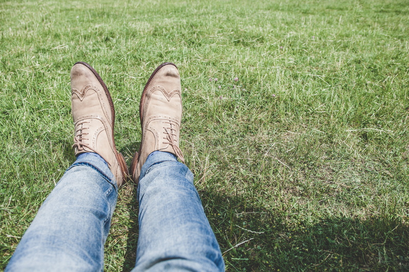 4K, jeans, shoe, low section, wingtip, one person, nature, standing, brow, shoes, high angle view, human foot, wearing, land, plant, human body part, s