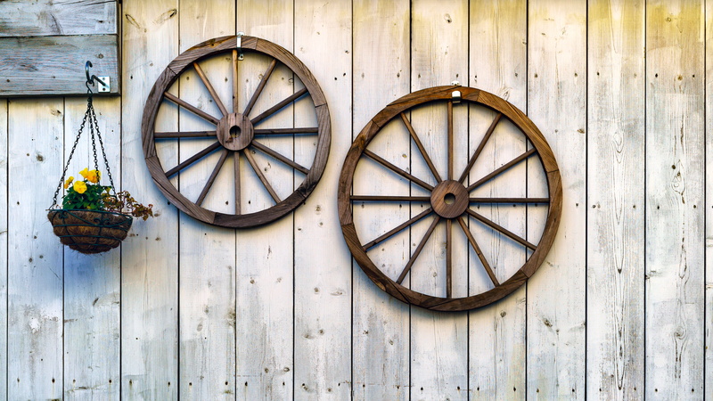 clock, wheel, 4K, mounted, spoke, carriage, two, tower, flower, brown, window, architecture, day, pattern, shape, door, circle, time, plant, tire, building