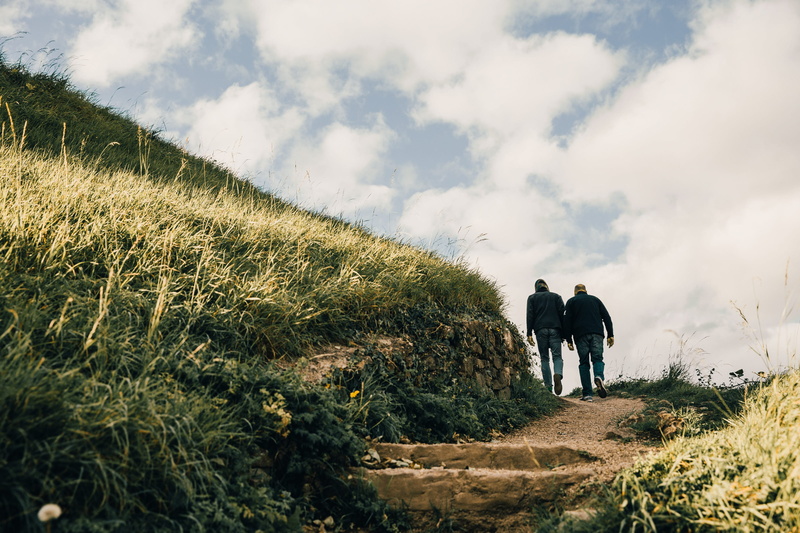 domestic, land, path, sky, s, trip, gravel, hill, terrain, grassy, outdoors, journey, vacation, adventurer, real people, cloud - sky, 2K, cliff, field