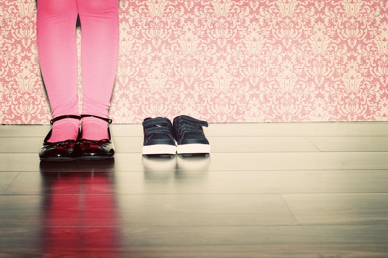 feet, legs, wearing, pink color, lifestyles, childrens shoes, one person, brother, day, wood, shoes, indoors, paint shoes, low section, females, black color