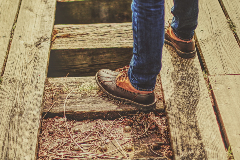 denim, day, casual clothing, human Foot, wood - Material, leisure activity, high angle view, lifestyles, leather, low section, brown, wearing, men, boot