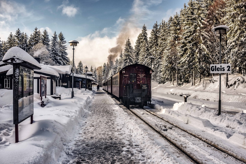railway line, winter in the harz mountains, outdoors, winter, covering, pine, brown, rail, public transportation, sky, christmas, steam locomotive, running