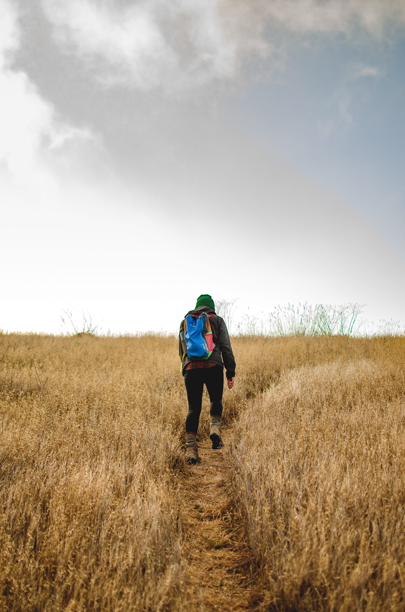 leisure activity, rear view, 4K, channel islands, non-urban scene, walk, full length, person, path, environment, explore, cloud - sky, land, people, backpack