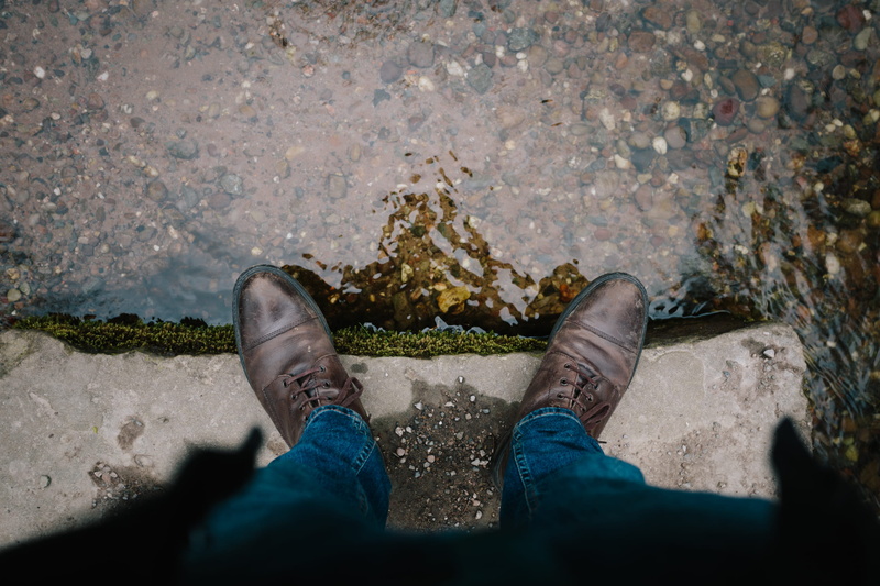 moody, exercise, river, shoe, denim, men, oxford, directly above, brown, low section, human limb, real people, human foot, contemplation, wet, day, outdoors
