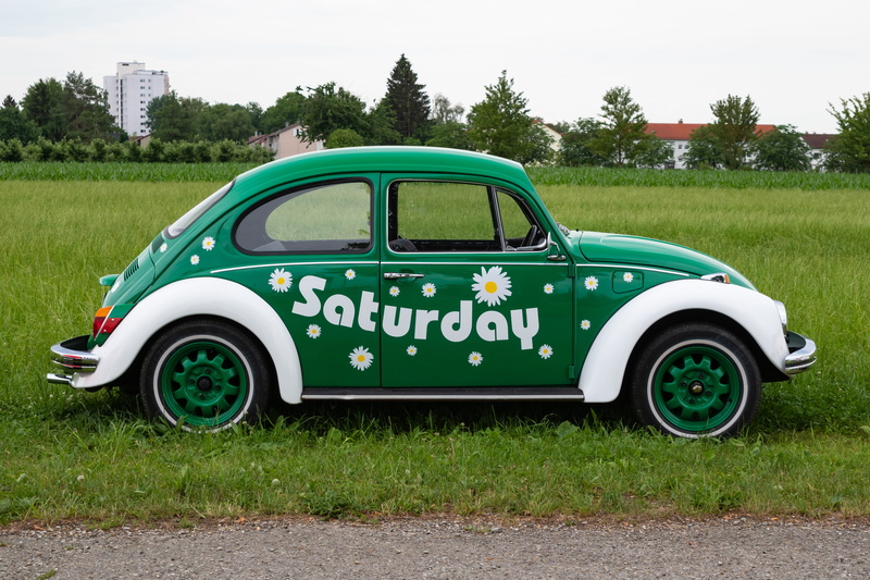 tree, vehicle, land, car, green color, transportation, oldtimer, automotive, day, days of the week, text, sky, 4K, auto, western script, nature, days