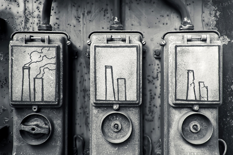places of interest, black white, full frame, close-up, turn on, obsolete, current, Steel Mill, button, electric current, buttons, turn, rusty, fuel and power generation