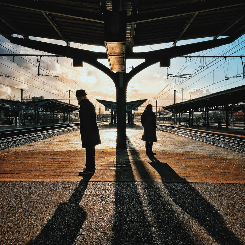 sunset, built structure, track, travel, railway, departure, waiting, locomotive, station, 2K, ceiling, standing, transportation system, road, full length