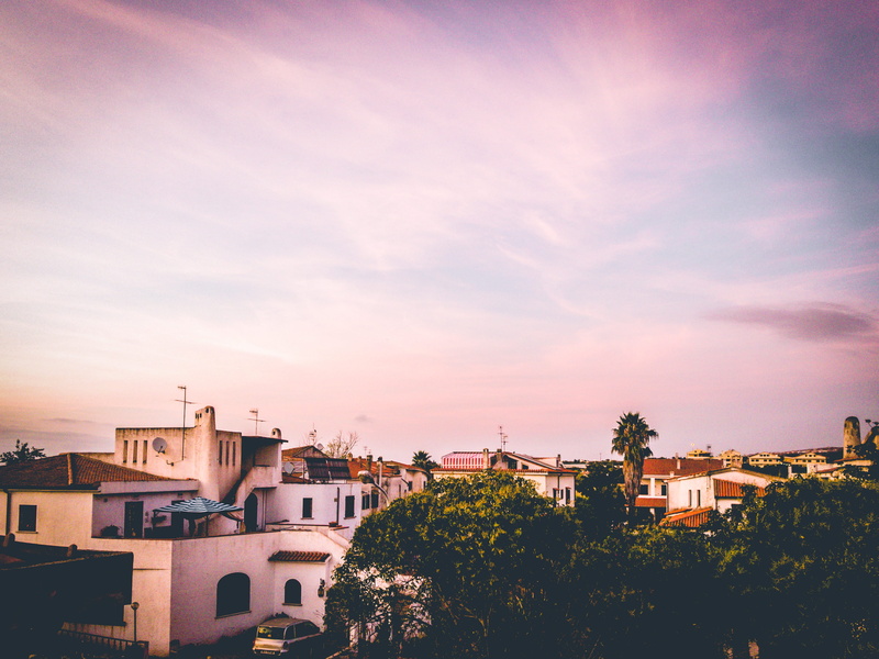 town, built structure, trees, sunset, house, architecture, growth, urban, sky, clouds, cloud - sky, no people, building exterior, white, black, mobilechallenge