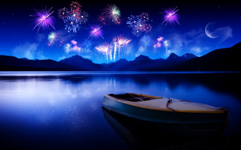 sky, mountains, themoon, new, water, year, night, reflections, fireworks, landscape, boats, blue, digitalcomposition, lakes, 2K