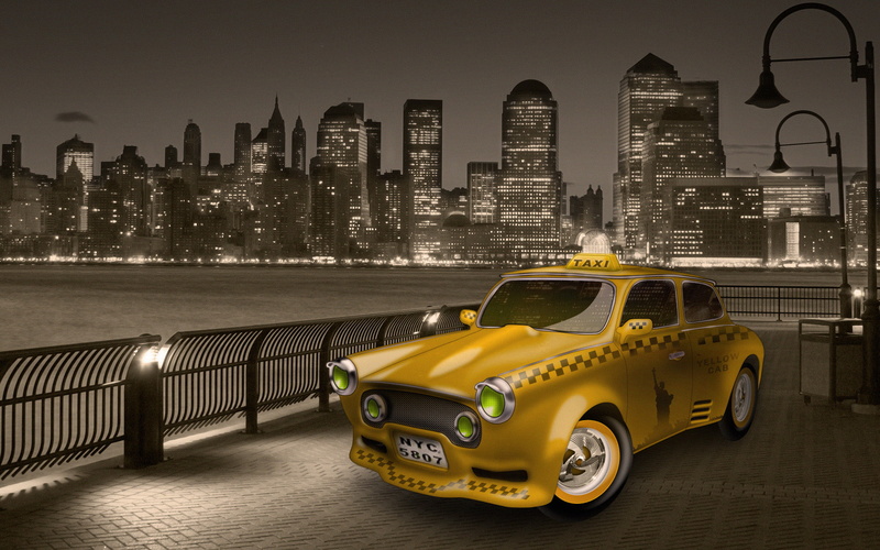 mode of transportation, illuminated, transportation, digitalcomposition, land vehicle, no people, street, tall - high, sepiatone, built structure, newyork