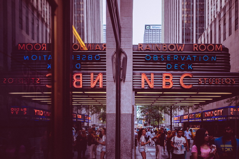 mirror, large group of people, neon, walks, observation deck, city, walking, people, crowd, outdoors, building, person, western script, group of people