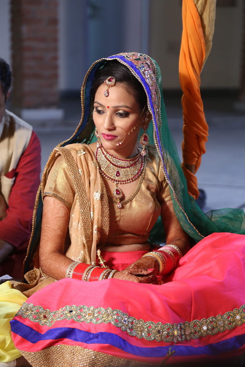 bride pics, focus on foreground, wedding, 5K, incidental people, sari, traditional clothing, beautiful woman, one person, sitting, women, wedding ceremony