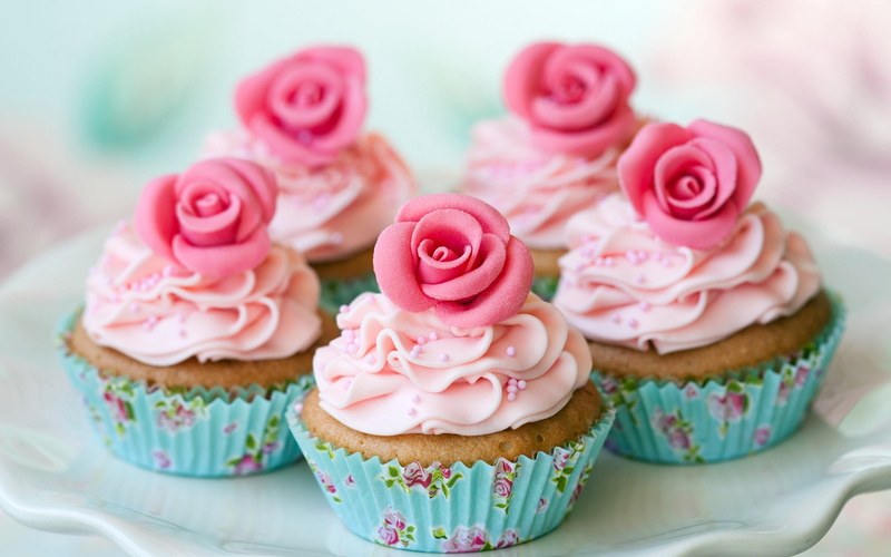 pink, floral pattern, sweet, 2K, snack, celebration, turquoise colored, ornate, swirl, icing, pink Color, food, focus on foreground, muffins, roses, backgrounds