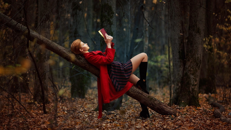 forest, profile, depth of field, reading, 1080P, short hair, redhead, open coat, log, books, coats, outdoors, model, women outdoors, women, lying on back