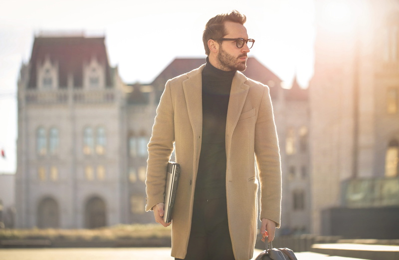 building exterior, beard, camel overcoat, eyeglasses, handsome, business person, hipster - person, adult, blazer, 30-35 years old, spectacles, street, copy space