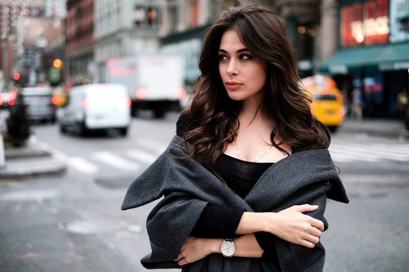 face, grey coat, depth of field, arms crossed, women, coats, looking away, 2K, portrait, overcoats, women outdoors
