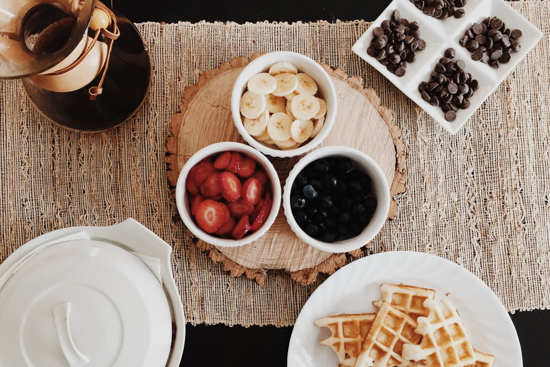 glass, high angle view, gourmet, healthy eating, cup, refreshment, 2K, indoors, foods, ready-to-eat, coffee, mug, Waffles, table, fruits, wood - Material
