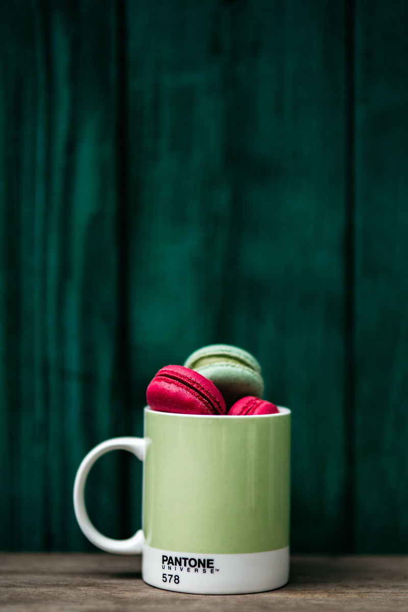 Macaroons, food and drink, greenery, freshness, cup, coffee cup, container, Mug, communication, close-up, Colorful, Pantone, table, drink, day, wood - Material