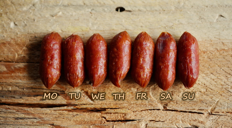 week, Days Of The Week, wood - material, freshness, processed meat, Diet, vegetable, Week, meat, red, group of objects, no people, in a row, communication