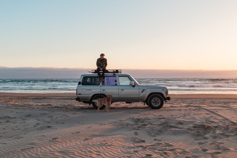 friend, sky, classic toyotum, nature, sand, california coast, vacations, golden retriever on beach, dusk, sea, lifestyles, mode of Transport, pismo beach