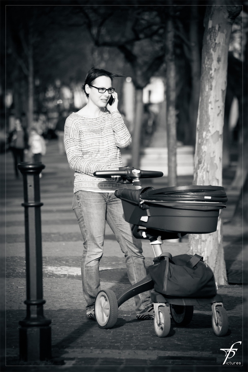 buggy, day, Baby Carriage, young Adult, men, lifestyles, leisure activity, technology, 2K, mother, focus on foreground, adult, fashion, black and white