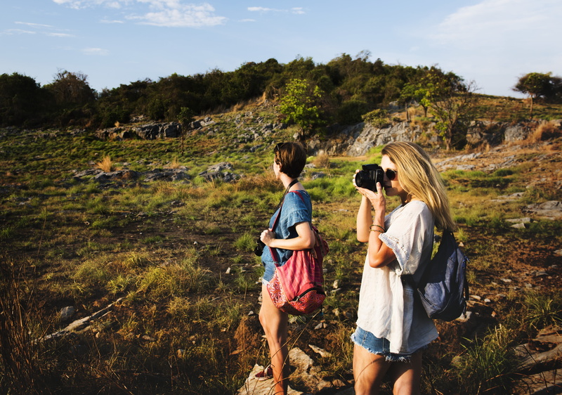 daytime, cheerful, adventure, backpacking, outdoors, child, together, active, joyful, backpack, nature, smiling, friendship, photo, sister, casual, warm
