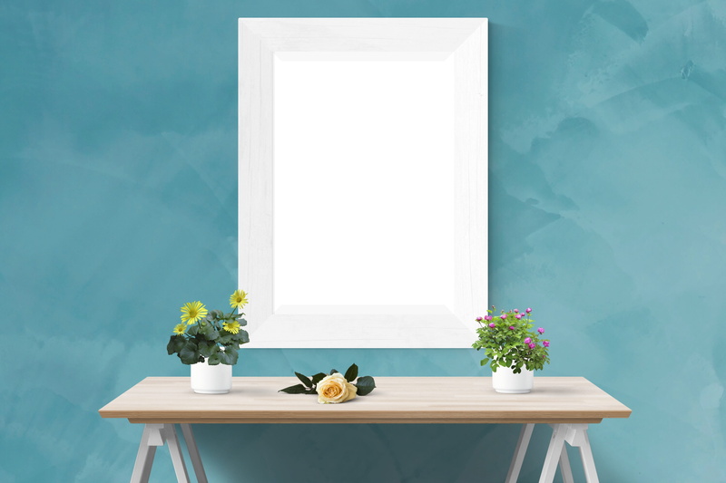 poster, flowering plant, picture, wooden, portrait, table, vases, two, wall, desk, presentation, brown, decor, potted, top, flower, flowers, vase, window