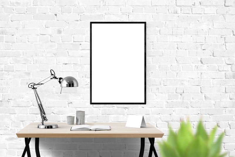 grey, technology, lamp, desk, mock, brick wall, rectangular, brick, computer, wall, keyboard, chair, mockup, wooden, modern, table, poster, seat, furniture