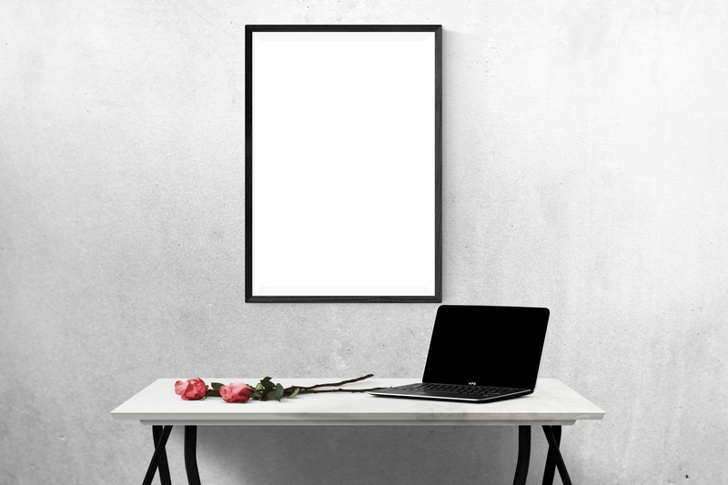 presentation, mockup, wall - building feature, no people, table, technology, near, decoration, photo, black, potted plant, interior, 5K, plant, computer