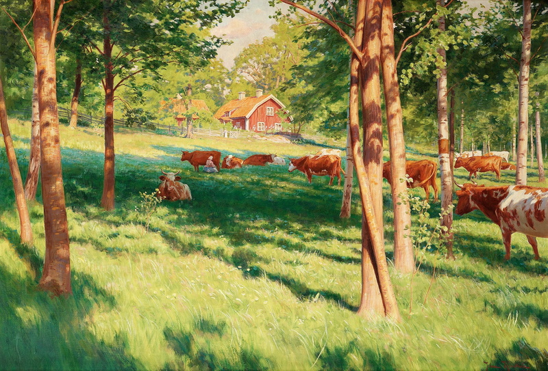 cows, picture, house, growth, green Color, herd, tree trunk, Johan Krouthen, livestock, farm, grazing, scenics, domestic, nature, 2K, landscape, mammal