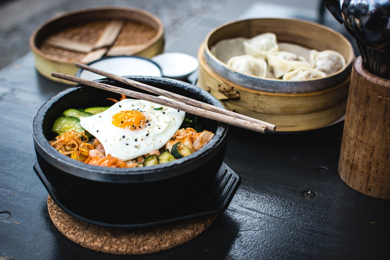 Berlin, chopsticks, Bibimbap, healthy Eating, high angle view, restaurant, crockery, Korean, tray, YamYam, still life, no People, wood - Material, rice - Food Staple