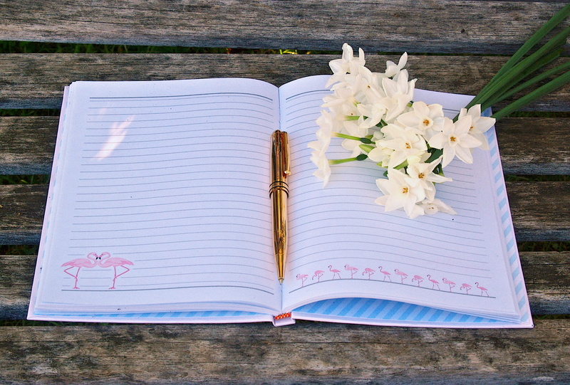 flower, notepad, journal, gold, paper, write, white book, lined, top, diary, empty, perfume, day, nature, no people, note, wood - material, table, scented
