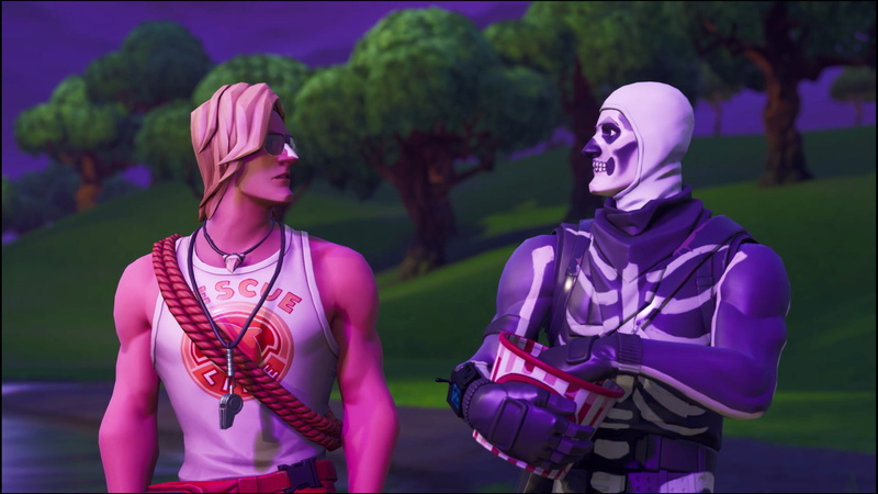 female likeness, focus on foreground, representation, nature, Fortnite, two people, video games, statue, day, people, Xbox One, pink color, front view