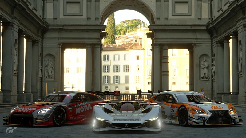 architecture, land vehicle, day, Gran Turismo Sport, outdoors, motor vehicle, no people, mode of transportation, luxury, built structure, architectural column
