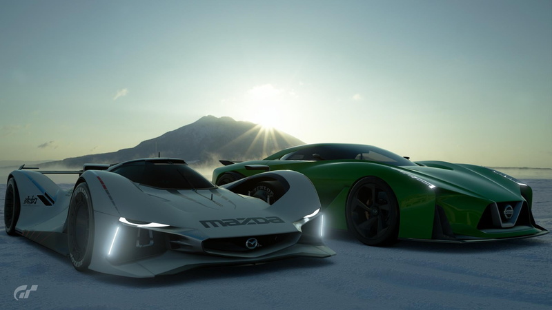 Gran Turismo, Gran Turismo Sport, environment, day, sky, sunbeam, transportation, car, airplane, mountain, plane, lens flare, stationary, mode of transportation