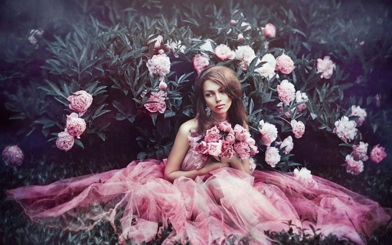 girl, 1080P, flowers, elegant, dress, cute, pink