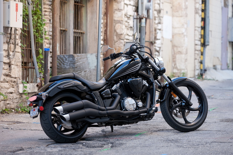 no people, street, architecture, motor scooter, cruiser, stationary, luxury bike, Yamaha, Star Stryker, mode of transportation, side view, transportation